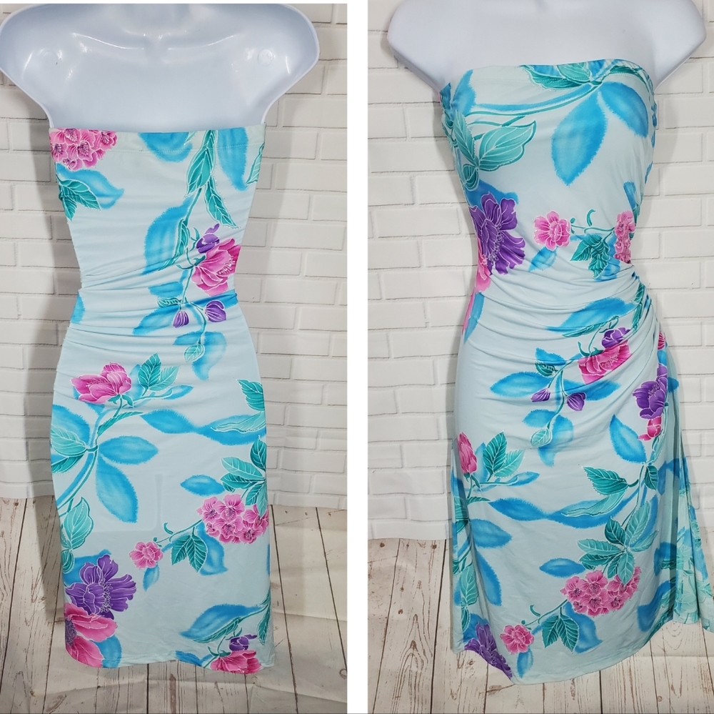 Say Floral Strapless Sexy Thigh High Slit Dress